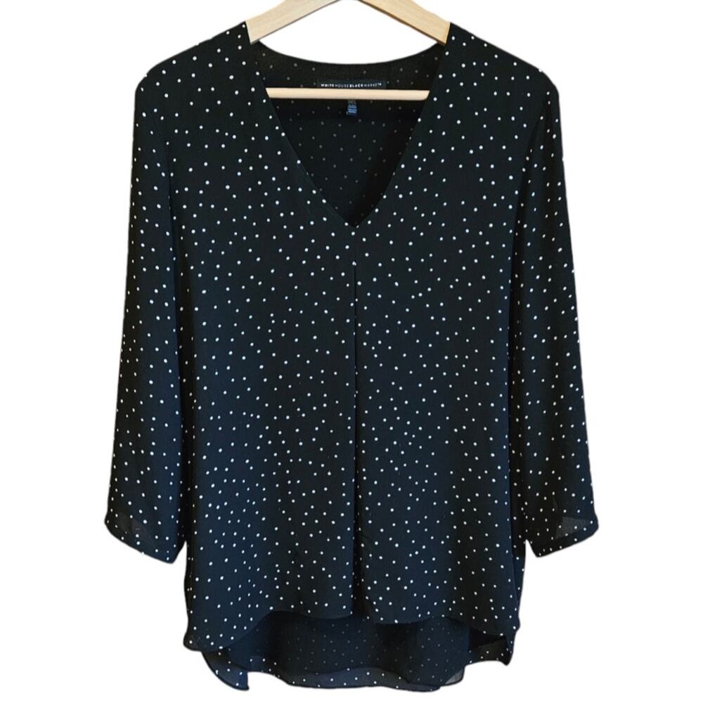 WHBM Black House White Market Polka Dot VNeck Blouse Black Women's Size 12